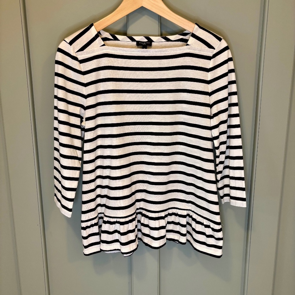 Talbots Peplum Tunic 3/4 Sleeve‎ Black White Stripe Preppy Casual Chic Size MP